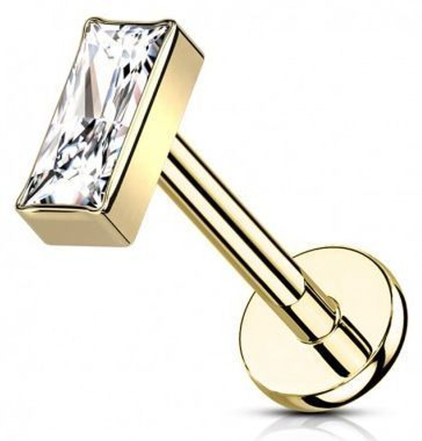 Pozłacany tytanowy labret z prostokątnym kryształkiem DIA-PW453 A1G – kolczyk do ucha.jpg